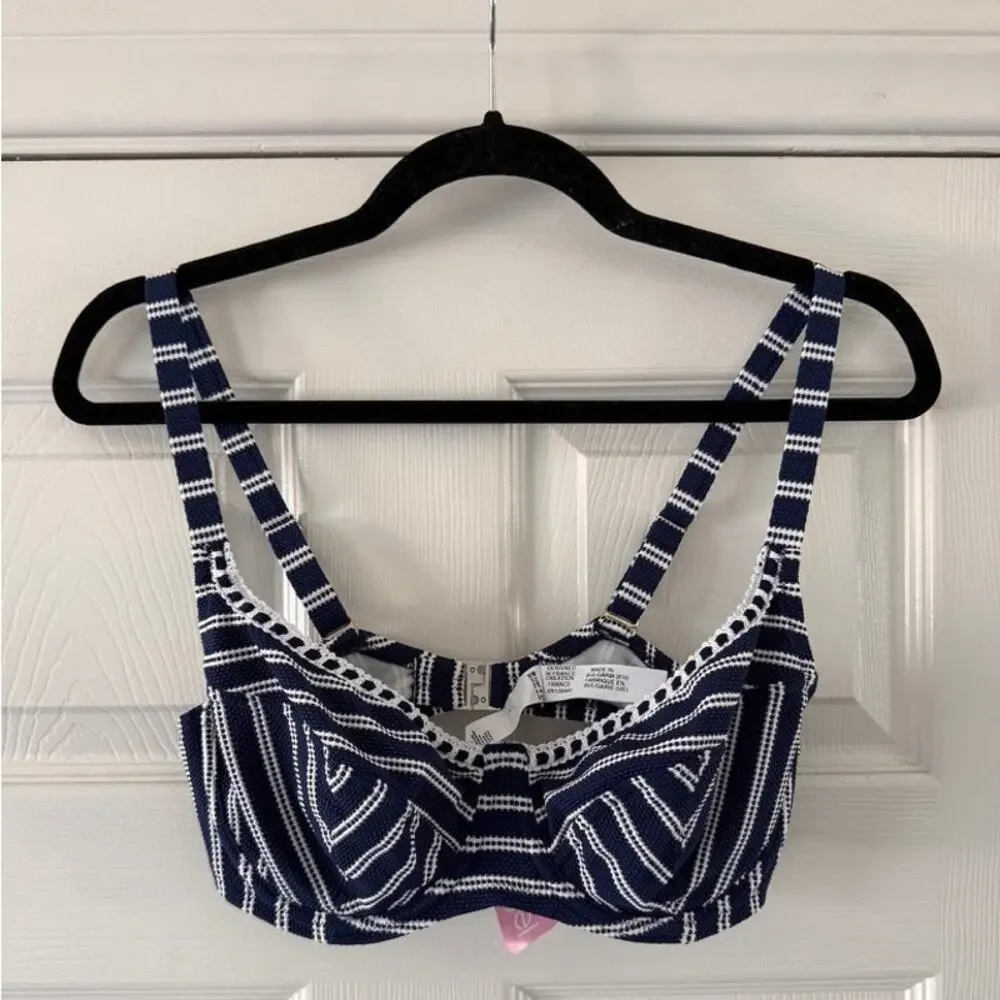 antigel by lise charmel navy blue & white stripe bikini top women size 32e